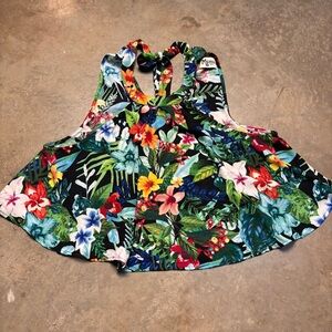 Show Me Your MuMu Green Hawaiian Floral Ruffled Crop Mini Tie Neck Top Womens Sm